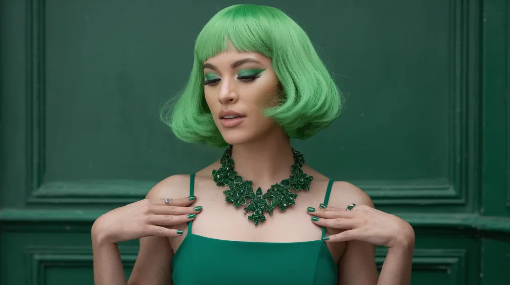 A photo of a woman with a green hairstyle. The woman is wearing a green dress and a green necklace. She has green eyeshadow and green nail polish. The background is a green wall.