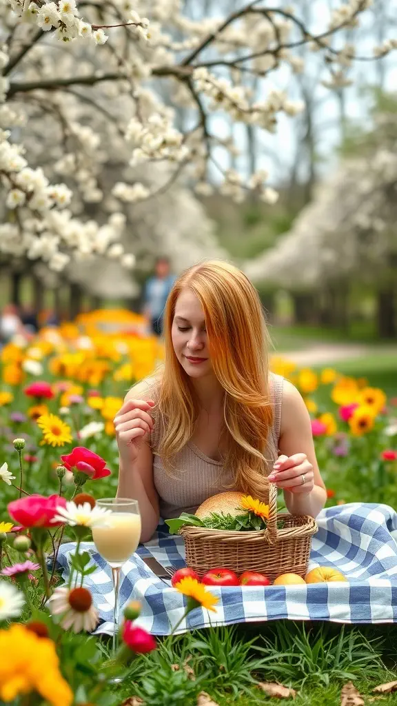 A woman with strawberry blonde hair enjoying a picnic in a flower garden.