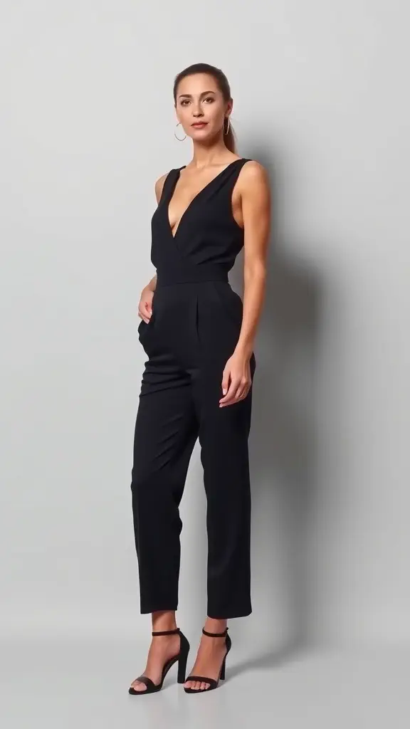 A woman wearing a black jumpsuit and high heels, exuding effortless elegance.