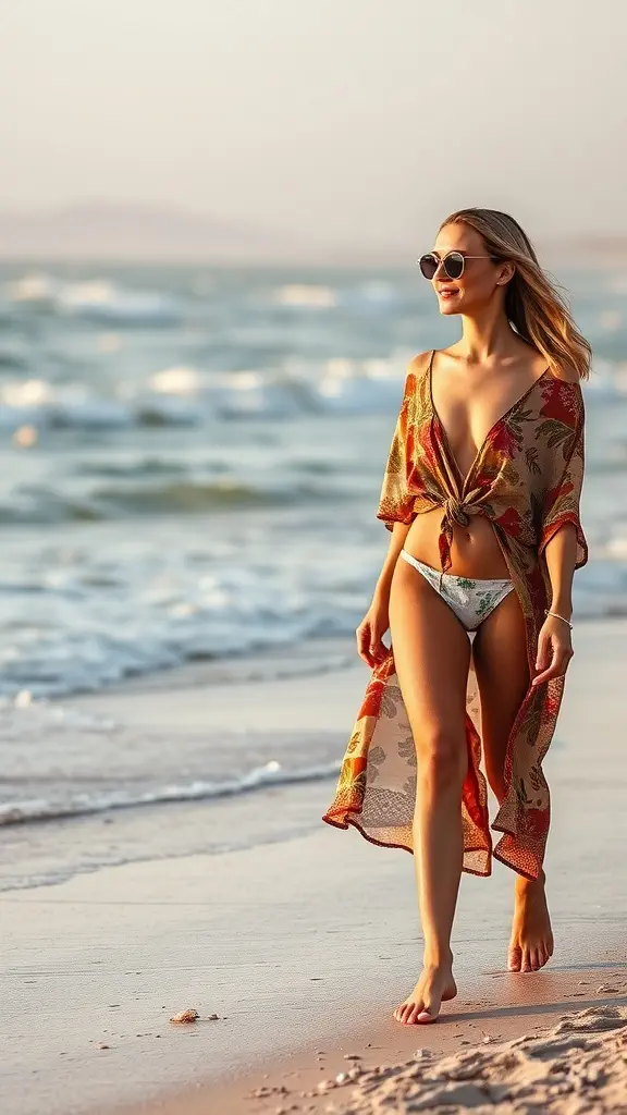 A woman in a stylish swim cover-up walking on the beach during sunset