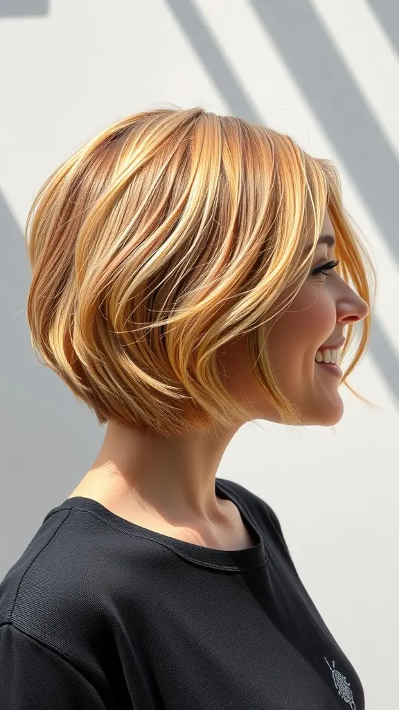 A woman with short sun-kissed strawberry blonde hair, showing a side profile with a cheerful smile.