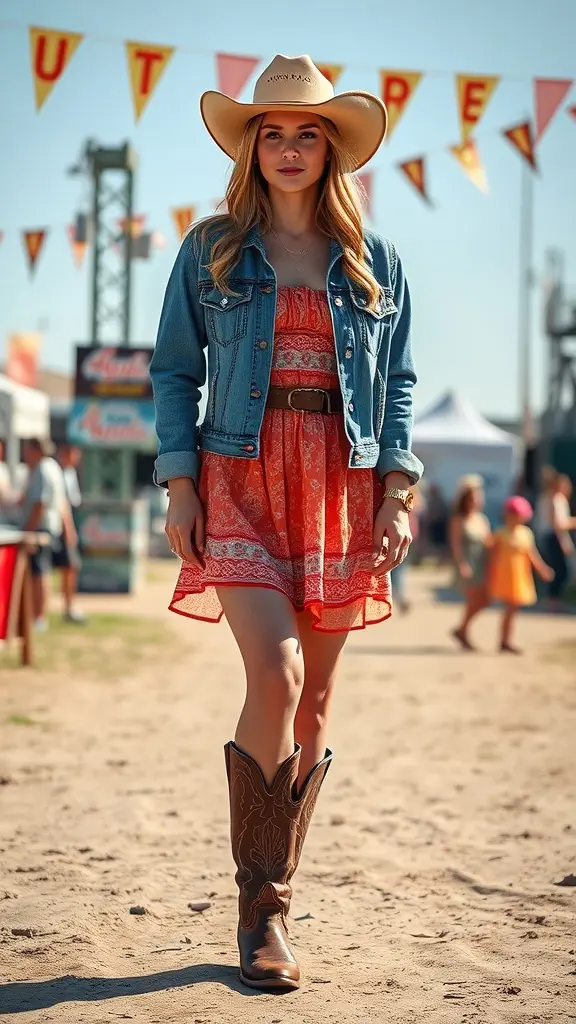 A woman wearing a sundress with a denim jacket and cowboy boots at a country concert.