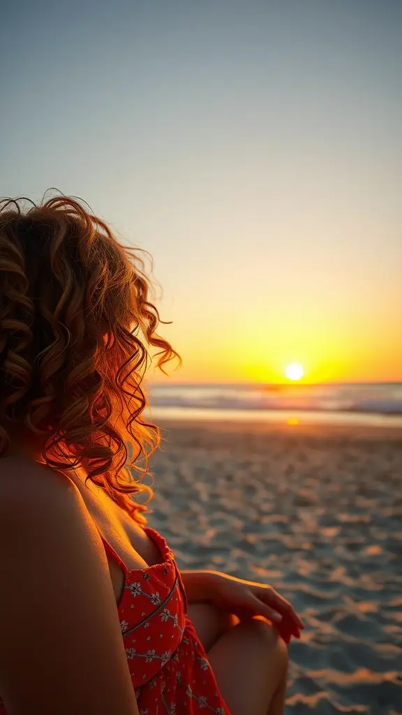 A woman with curly hair in sunset orange color, sitting on the beach during sunset.