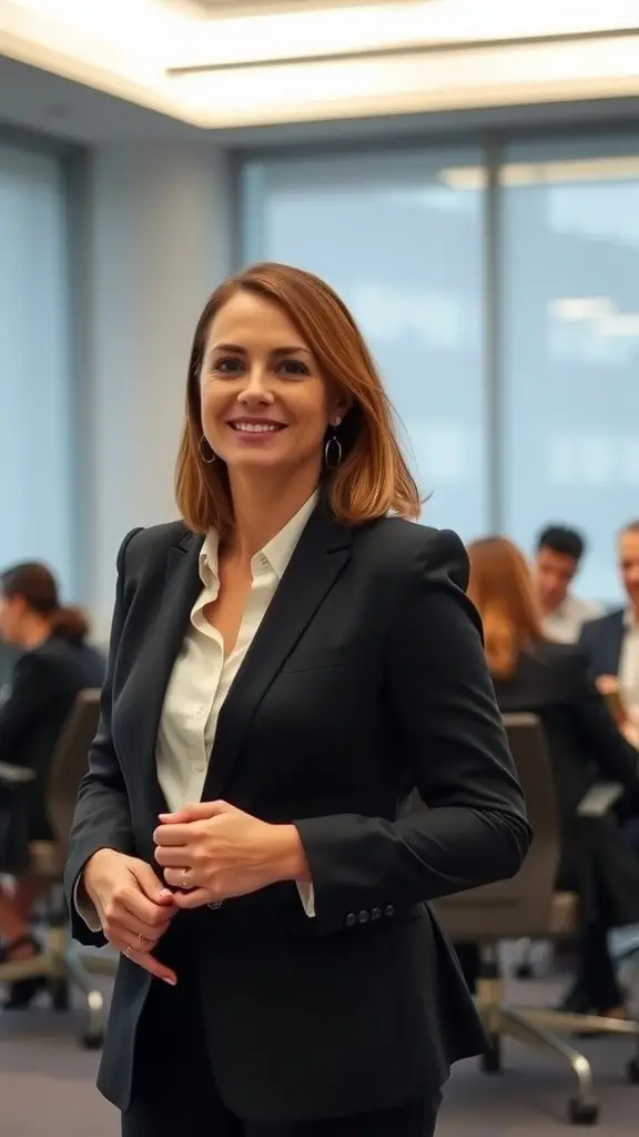 A woman in a tailored blazer smiling confidently in a modern office setting