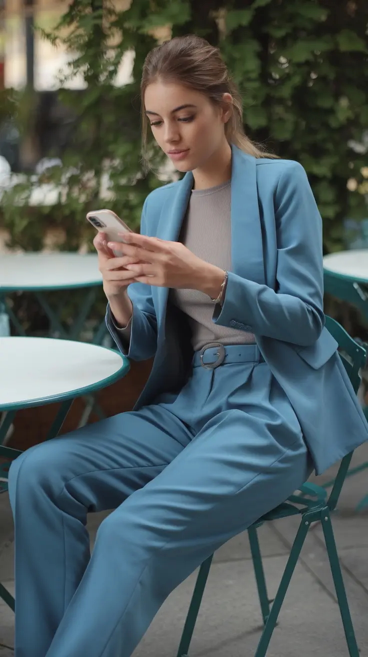 A woman in a light blue tailored suit with casual top, sitting at a café and using her phone.