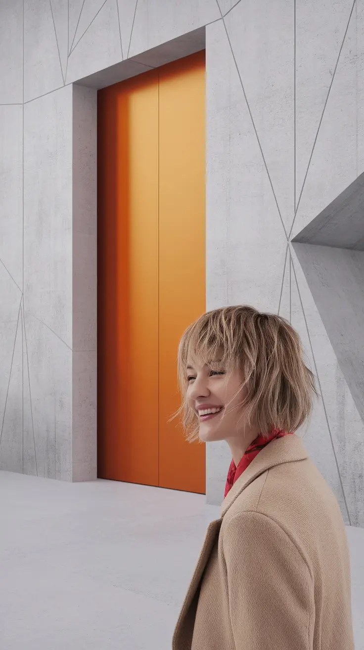 Woman with a textured lob haircut smiling in a modern setting