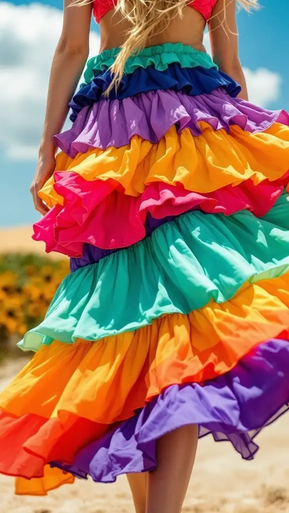 Colorful tiered ruffled skirt with vibrant layers