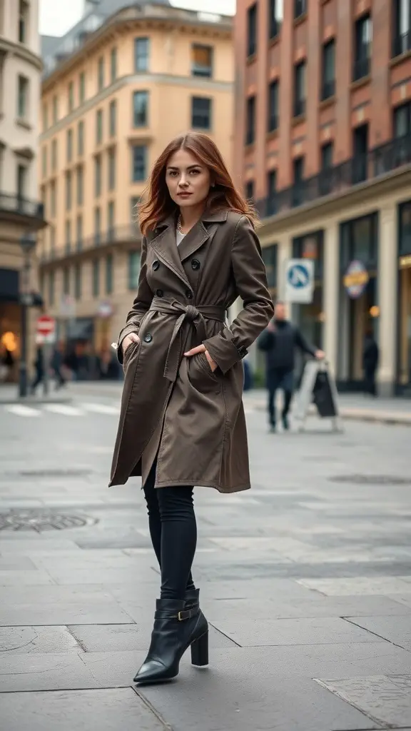 A woman in a stylish brown trench coat paired with black leggings and high-heeled boots, standing confidently in an urban setting.