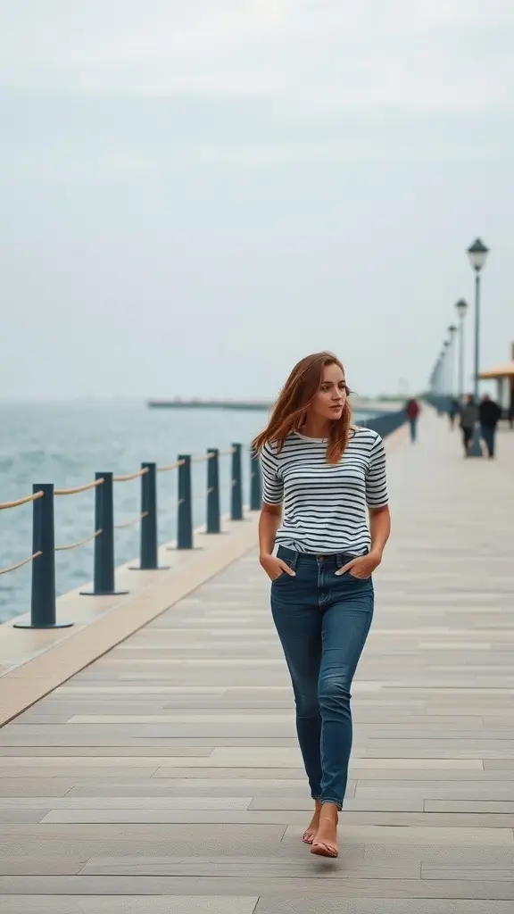 A woman walking by the waterfront, wearing a striped shirt and jeans.