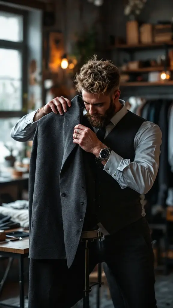 A man adjusting a tailored jacket in a stylish clothing store.