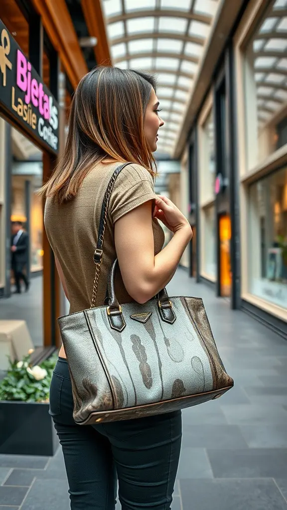 A woman with a unique patterned handbag, walking in a stylish shopping area.