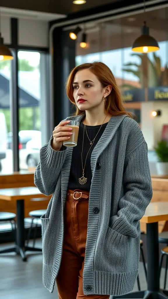 A stylish woman in a cozy gray cardigan, holding a drink, set in a modern cafe.