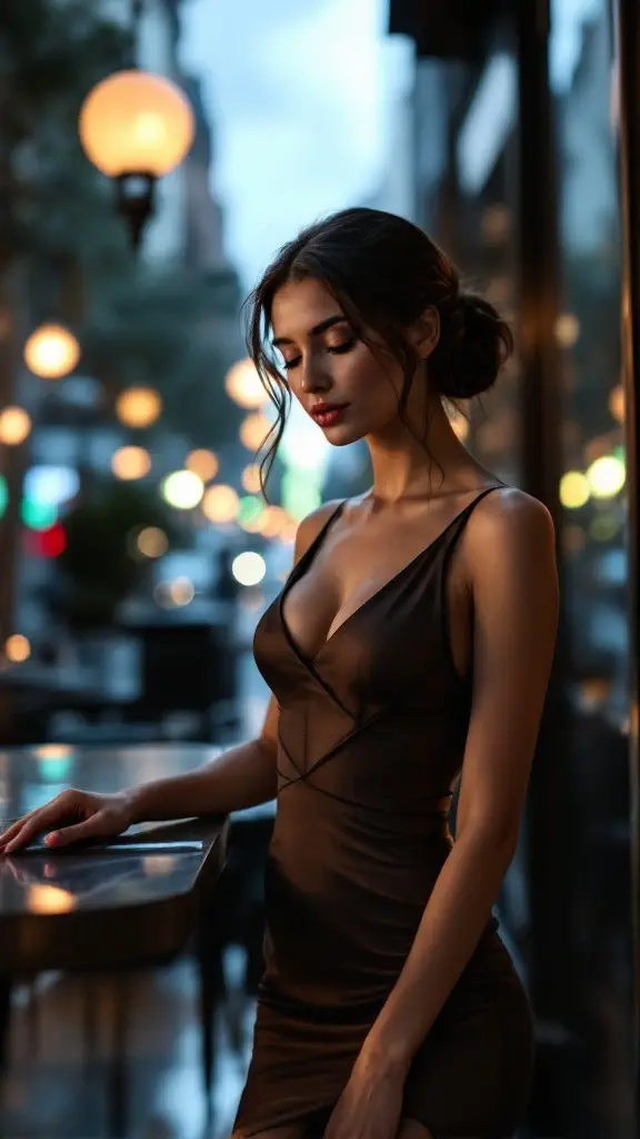 A stylish woman in a sleek black dress holding a glass, set against a vibrant city backdrop at night.
