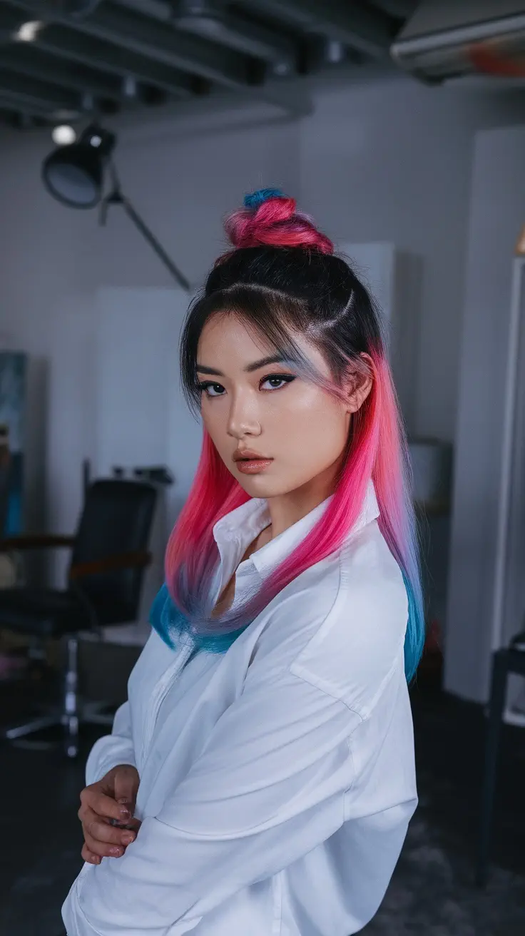 A woman with vibrant pink and blue ombre hair, wearing a white shirt.