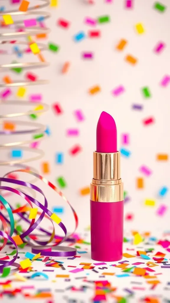 A vibrant pink lipstick surrounded by colorful confetti and festive decorations.