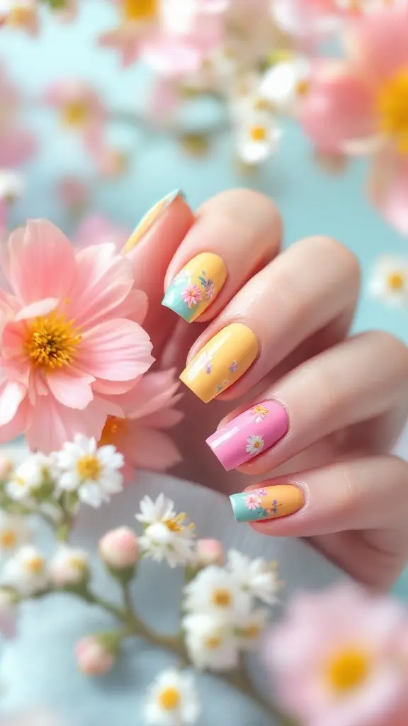 Colorful spring-themed nails with floral designs against a backdrop of blooming flowers.