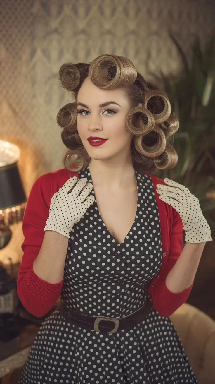 A woman with vintage pin-up curls wearing a polka dot dress and gloves