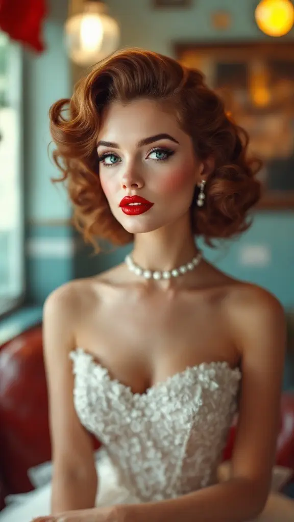 Bride with vintage pin-up style curls, wearing a strapless wedding dress and pearl jewelry.
