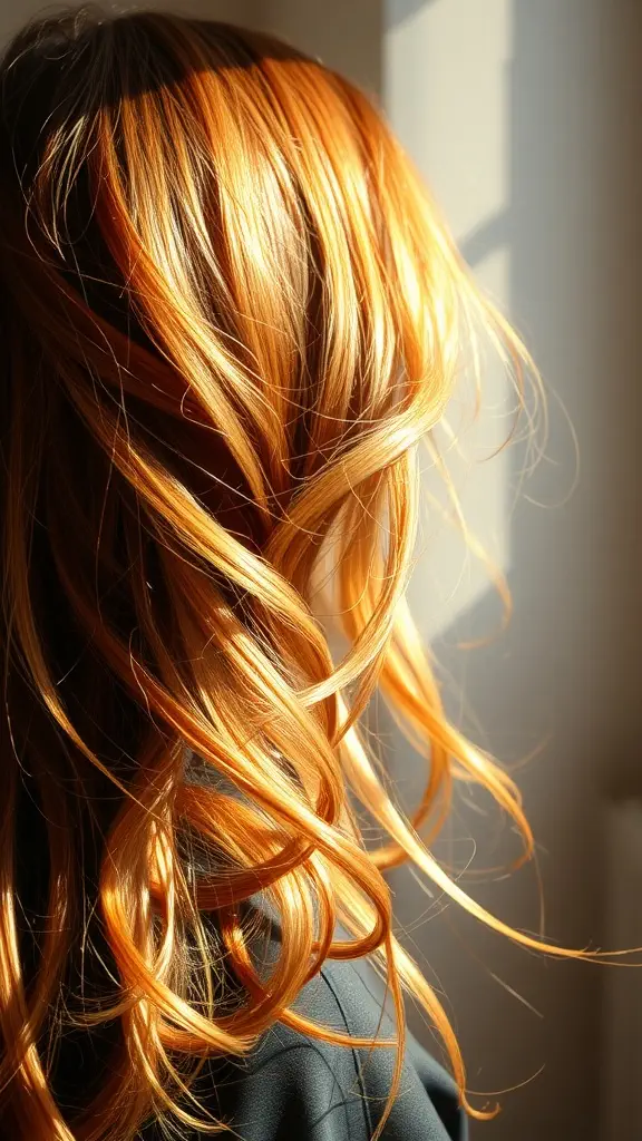A close-up view of hair with warm chestnut color, showcasing soft waves and golden highlights.