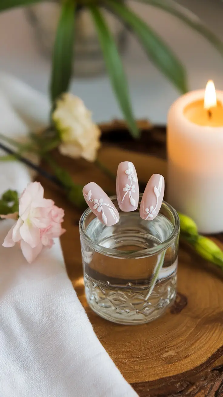 Nail art with white floral designs on pale pink nails, displayed in a glass on a wooden surface with flowers and a candle in the background.