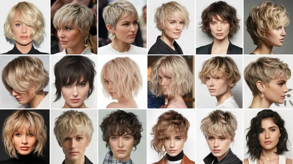 A collage of 20 short haircuts for thick, wavy hair. The styles range from very short bobs to layered pixies. Some have fringe, while others have a side part. There are textured styles, blunt cuts, and wavy styles. The hair is styled with various products, including texturizing spray, volumizing mousse, and curling iron.