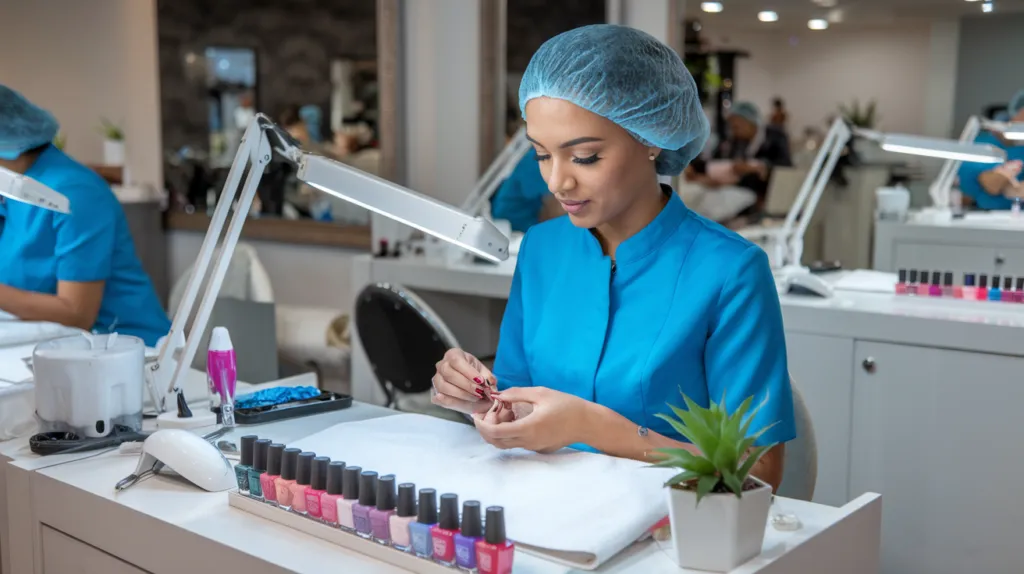 A photo of a nail specialist in a nail salon. The nail specialist is sitting at a station with multiple nail polishes. She is wearing a blue uniform and a hairnet. There are several nail art tools and a small potted plant on the station. The background contains other nail stations and a large mirror.