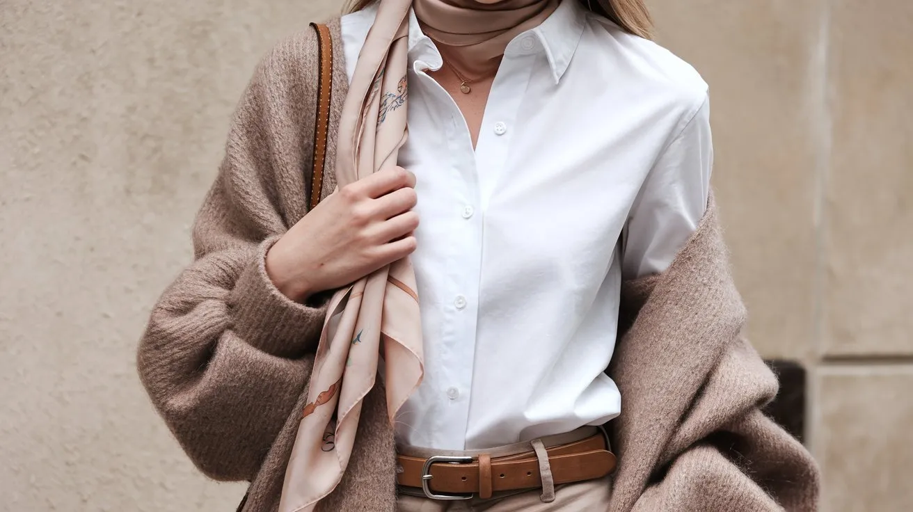 A photo of a trendy outfit with a beige cardigan over a white shirt. The shirt has a button-down collar and is tucked into beige pants. The outfit is accessorized with a beige scarf and a brown belt. The background is a beige wall.