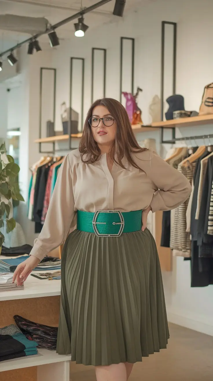 A woman wearing a stylish outfit with a statement green belt, posed in a clothing store.