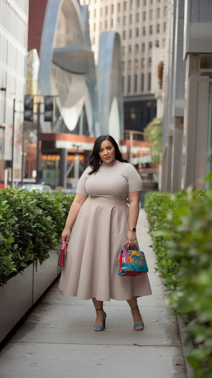 A plus-size woman wearing a beige skirt and top, holding colorful bags, standing against a city backdrop.