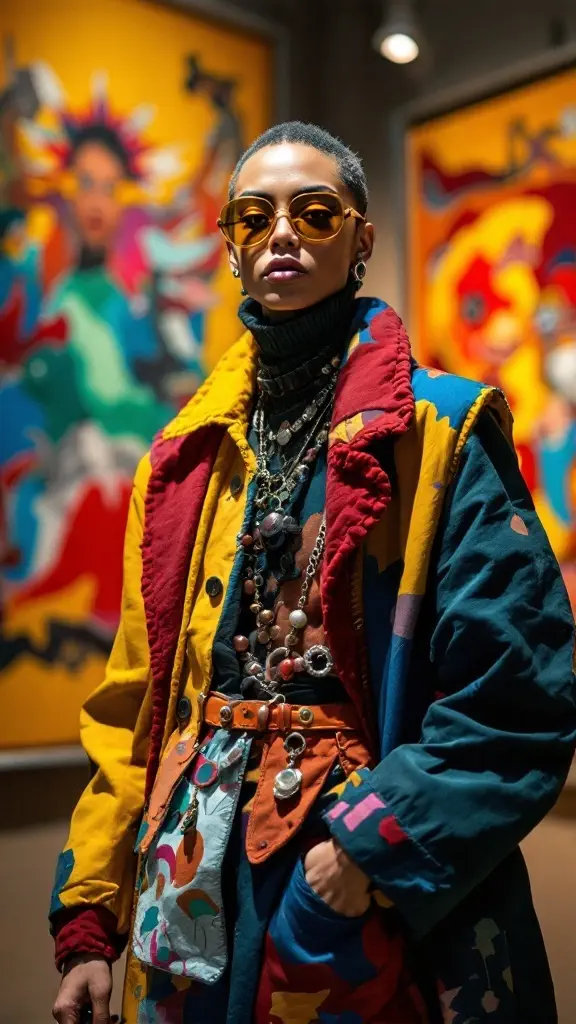 A vibrant yellow outfit with wide-leg pants, a blue belt, and long blue gloves displayed in an art gallery.
