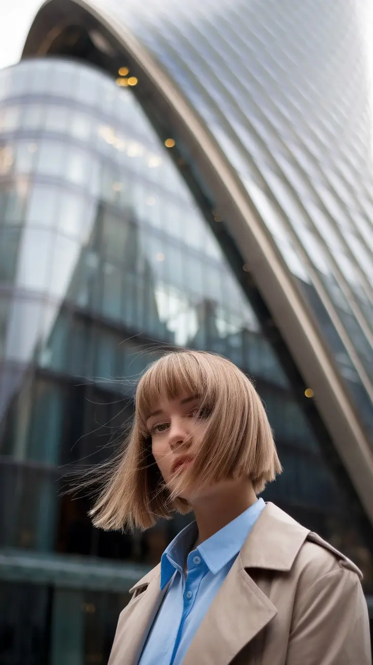 Model with an asymmetrical bob haircut and side-swept bangs, standing in front of a modern building