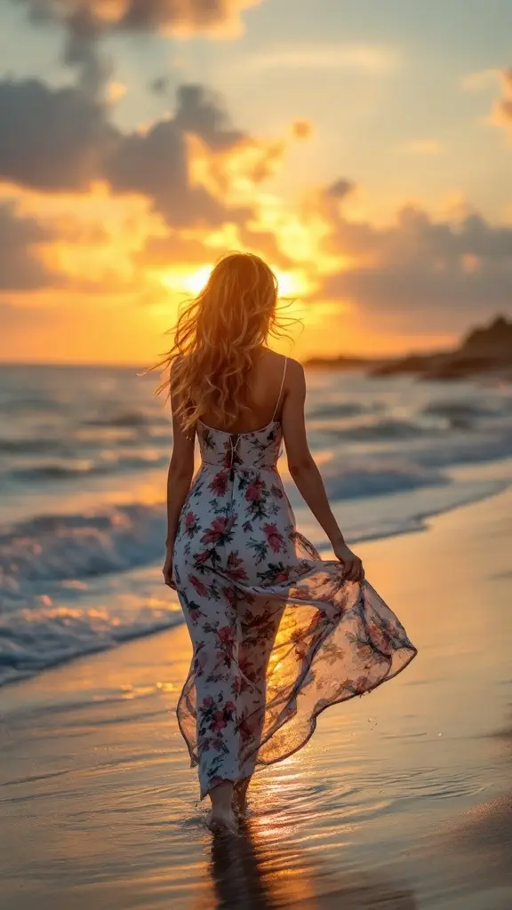 A woman in a floral sundress walking on the beach at sunset