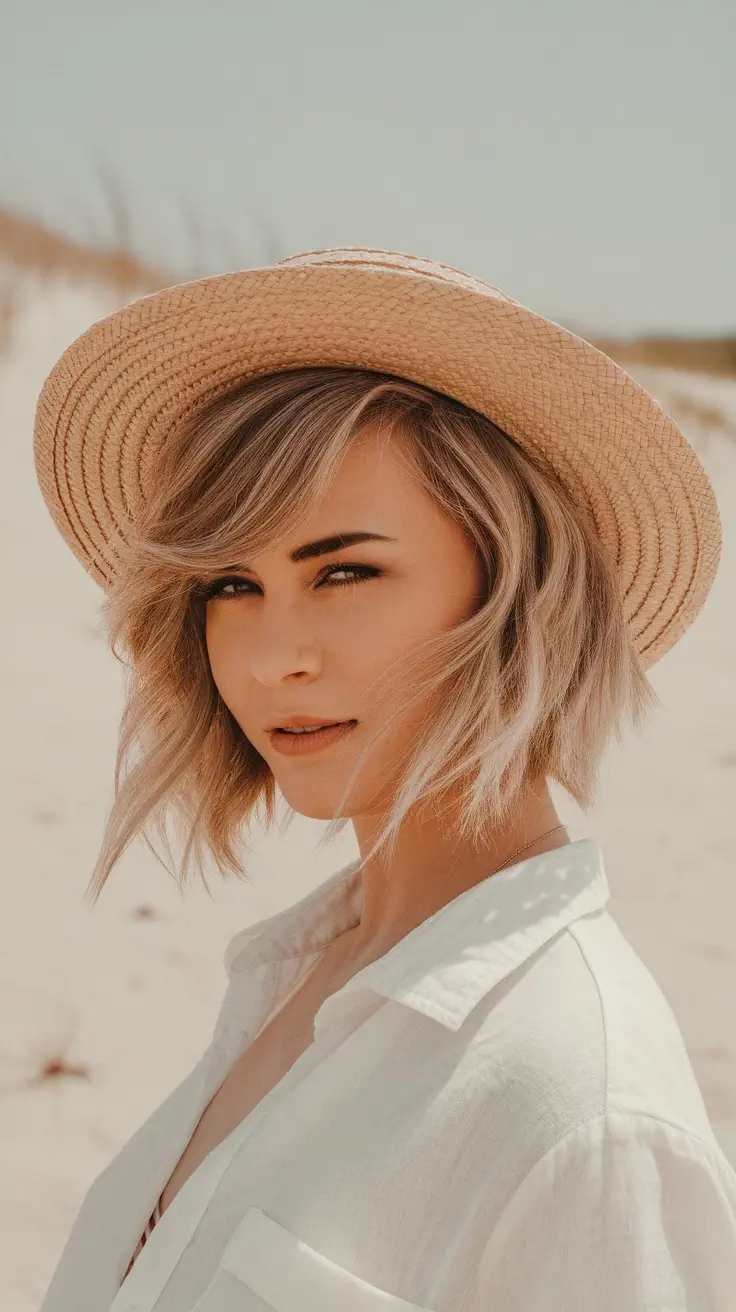 A person with short, wavy hair wearing a straw hat, standing on the beach.