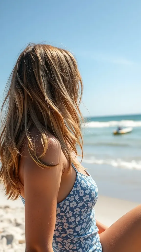 A woman with beachy waves long bob hairstyle sitting on the beach, enjoying the sun and ocean view.
