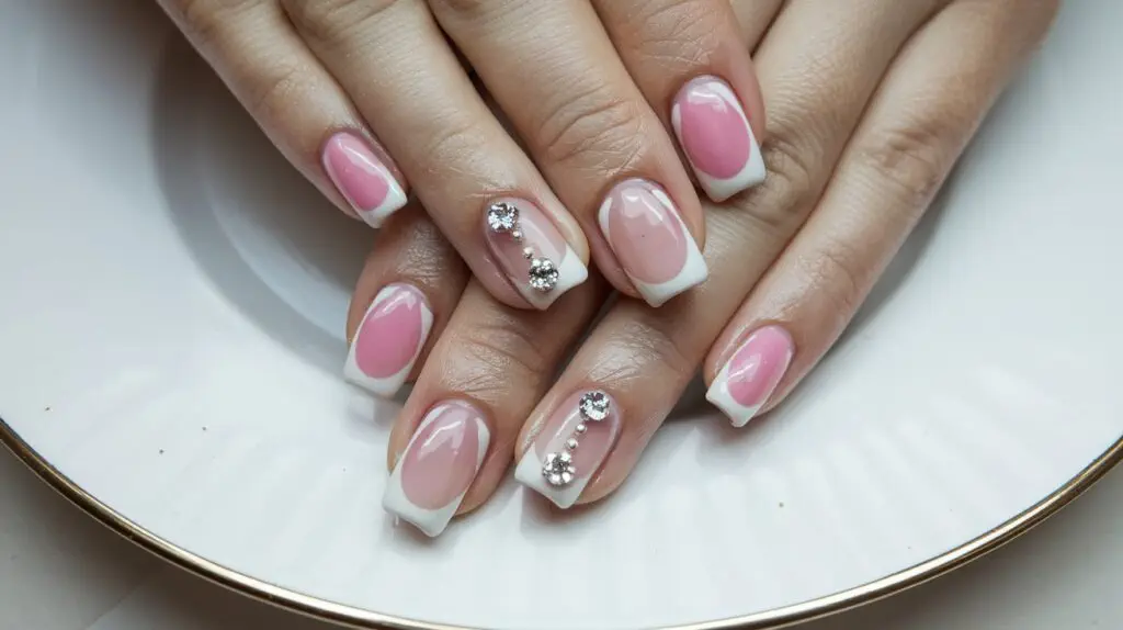 common mistakes in gel manicure tips A photo of beautiful nails after a manicure. The nails have a pink and white French manicure style with a glossy finish. There are also small, round white diamonds on each nail. The nails are placed on a white plate. The background is clean and white.