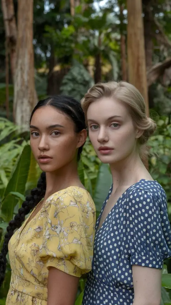 A photo of two beautiful women with flawless skin. The first woman has dark skin and wears a yellow dress with a floral pattern. She has her hair tied up. The second woman has fair skin and wears a blue dress with white polka dots. She has her hair styled in soft waves. They stand in a lush green forest with tall trees.