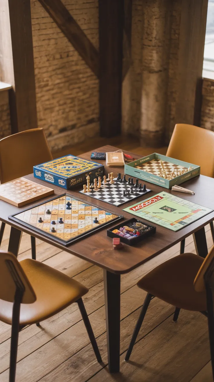 A table set up for board game night with various board games including chess and Monopoly.