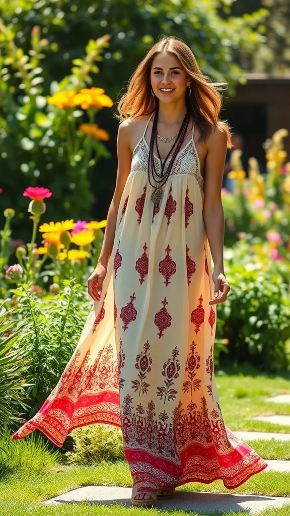 A woman in a bohemian maxi dress standing in a garden filled with flowers, showcasing a relaxed style.