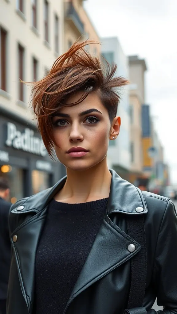 A young woman with a bold asymmetrical haircut wearing a leather jacket outdoors.