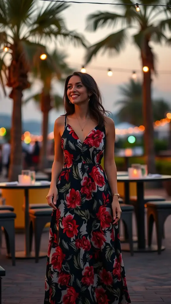 A woman in a floral print maxi dress standing outdoors with palm trees and evening lights.