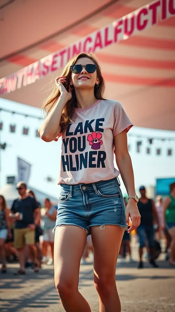 A woman wearing a bold printed t-shirt and denim shorts, smiling and walking outdoors