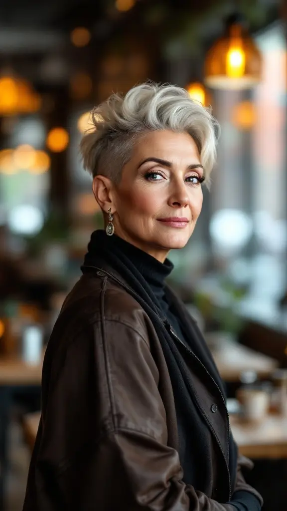 A woman with short wavy hair styled in a bold undercut, wearing a brown leather jacket and a black turtleneck, set in a cozy ambiance.