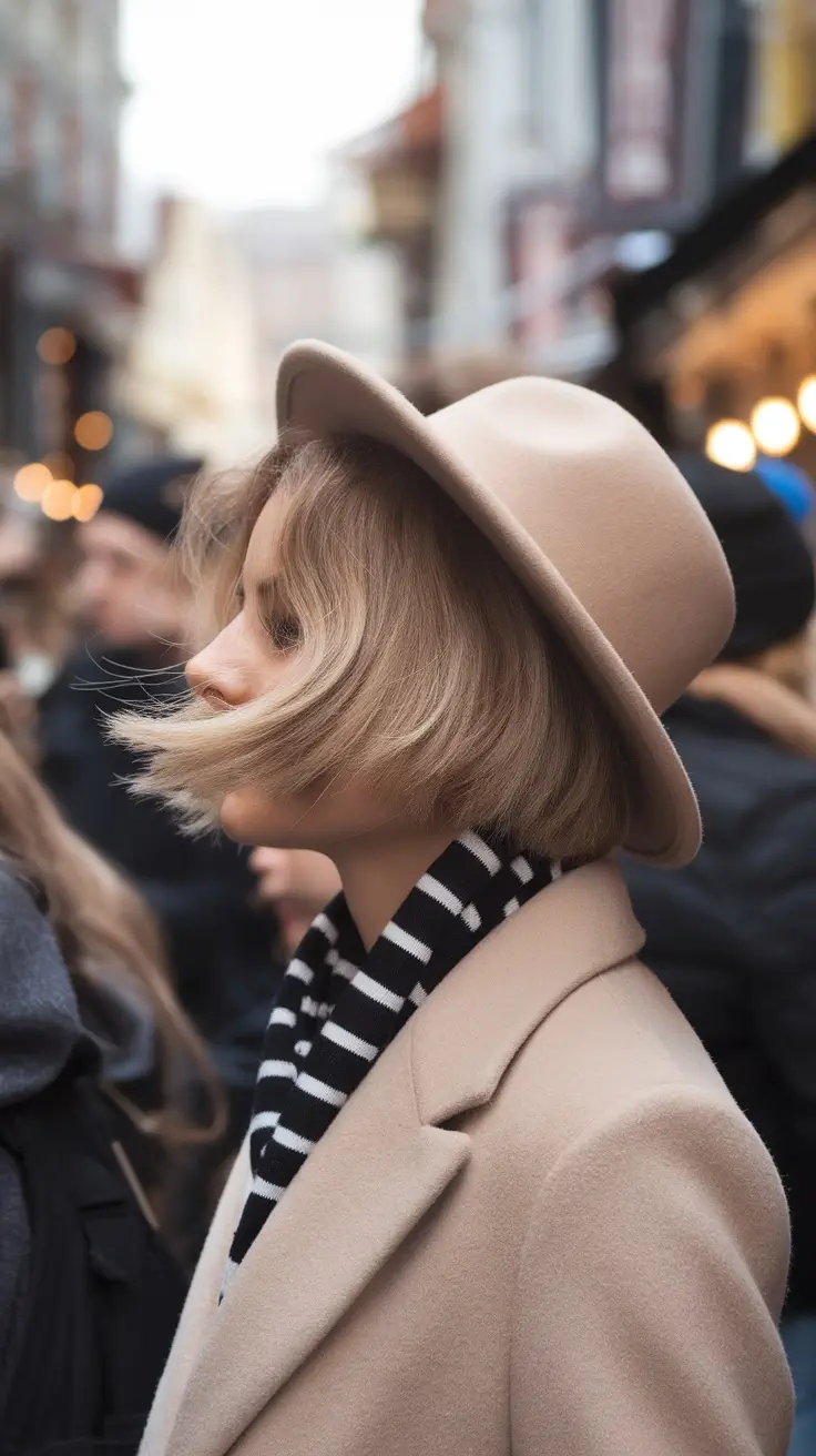A woman with a bouncy bob haircut wearing a hat and a striped scarf, showcasing natural movement in her thick wavy hair.