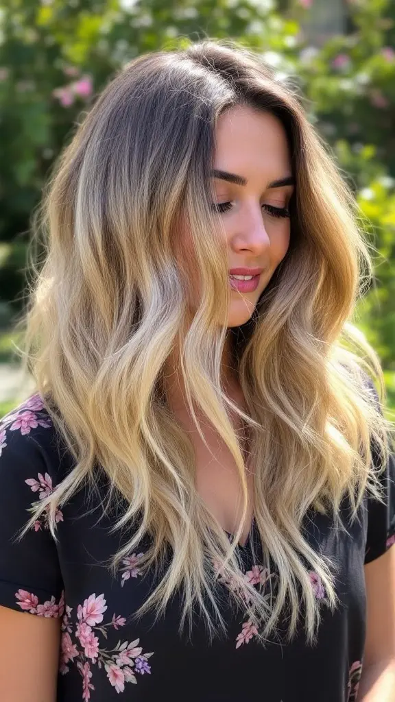 A woman with shoulder-length wavy hair, showcasing bouncy waves in a natural outdoor setting.