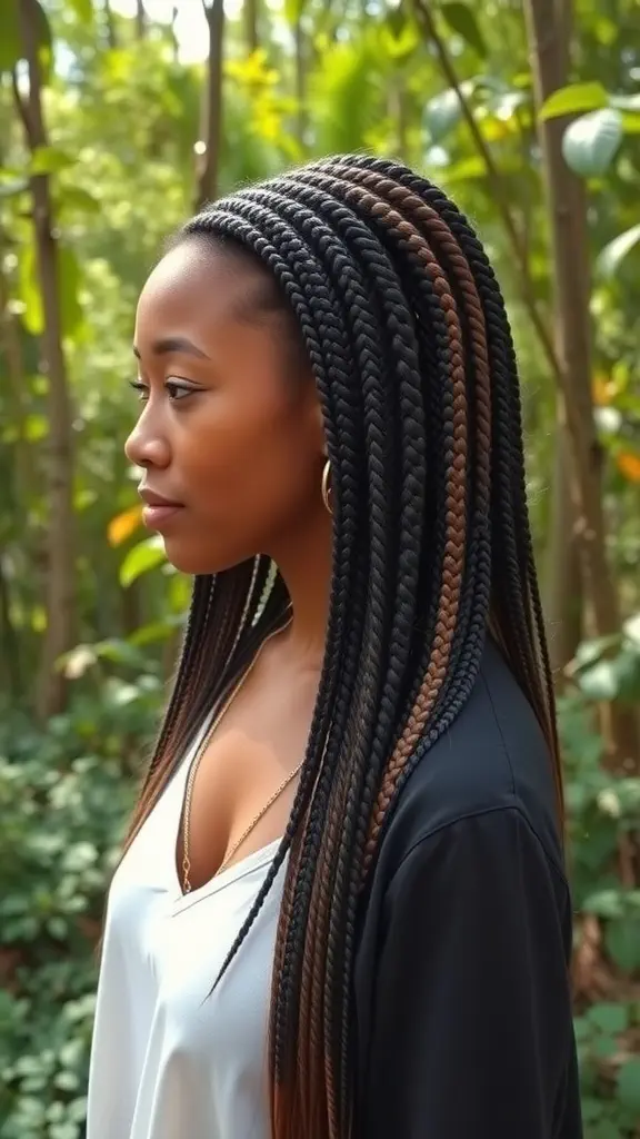 A woman with long braided hair standing in a lush green environment.