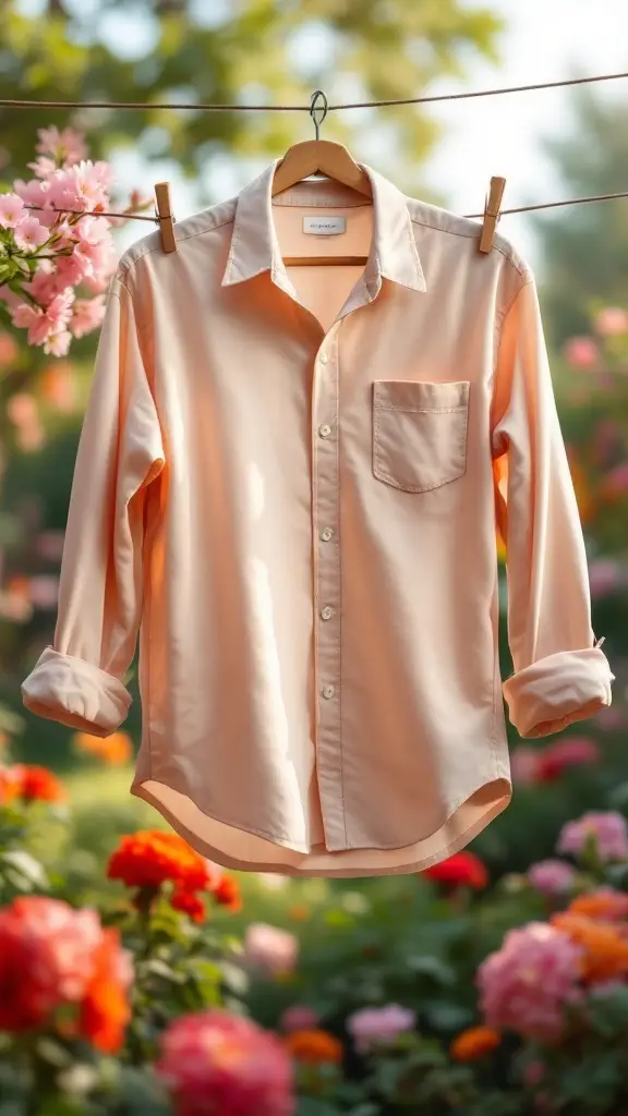 A peach-colored button-up shirt hanging in a garden filled with colorful flowers.