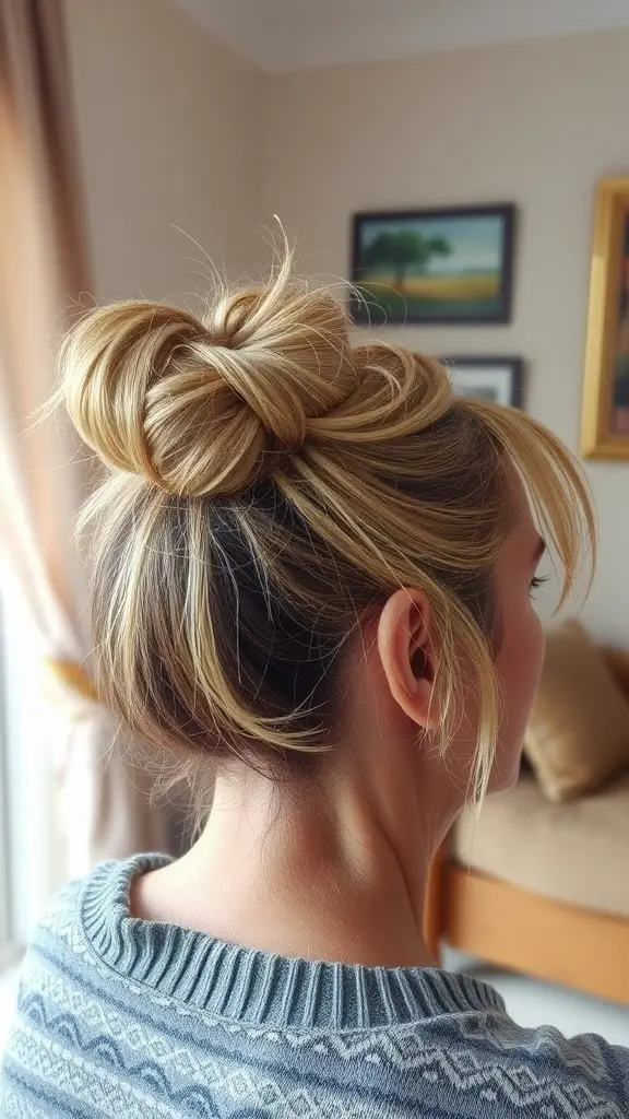 A casual bun hairstyle with wispy strands, showcasing a relaxed and stylish look.