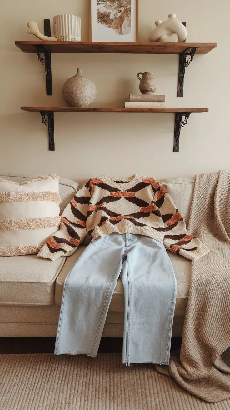 A cozy outfit laid out on a couch, featuring a patterned sweater and light blue jeans.