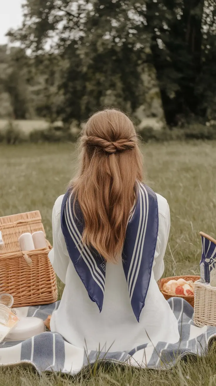 A woman with wavy hair styled in a half-up fashion, sitting on a blanket in a grassy area, wearing a blue and white scarf.