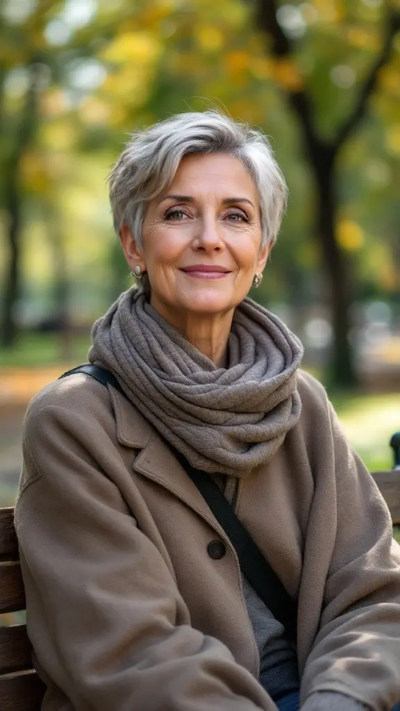 Woman with short wavy pixie hairstyle, wearing a scarf and coat, sitting in a park
